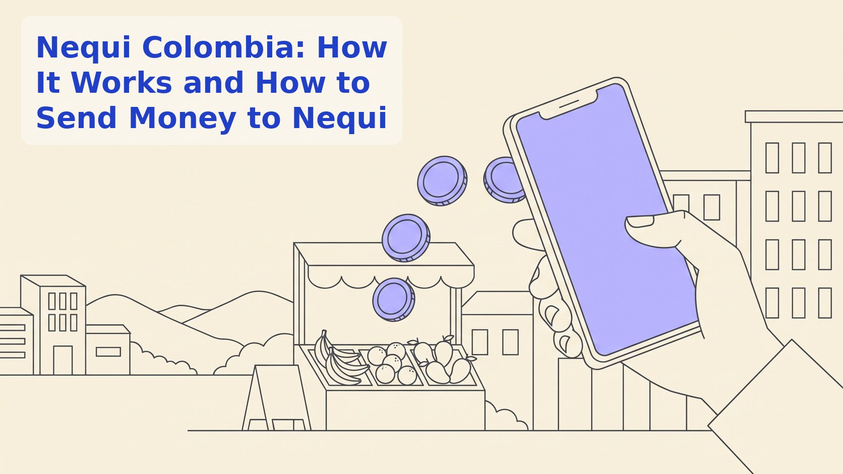 Line illustration of a phone paying a Colombian market stall with coins, in a town with hills behind