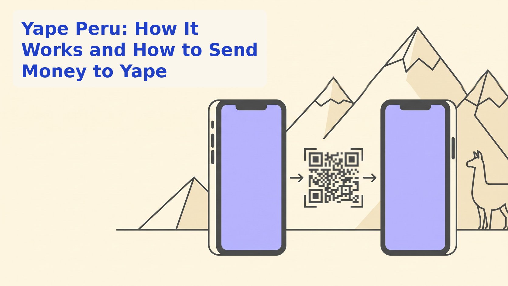 Line illustration of two phones exchanging a QR payment in front of Andean mountains with a llama