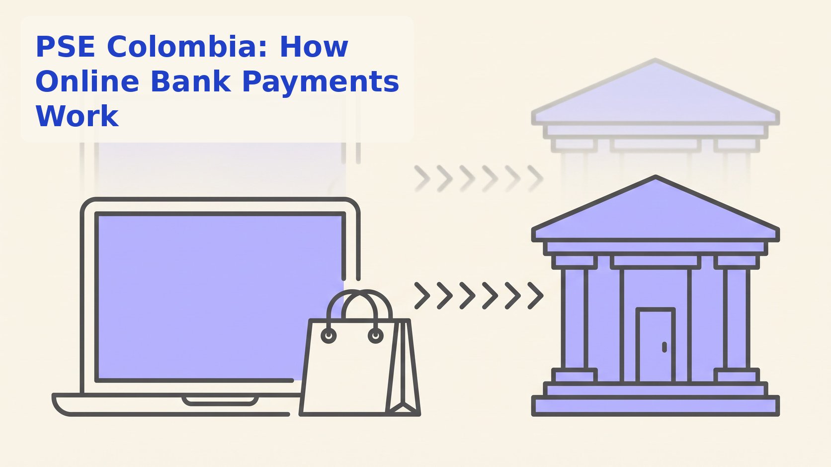 Line illustration of a laptop checkout and shopping bag with arrows flowing to a bank building