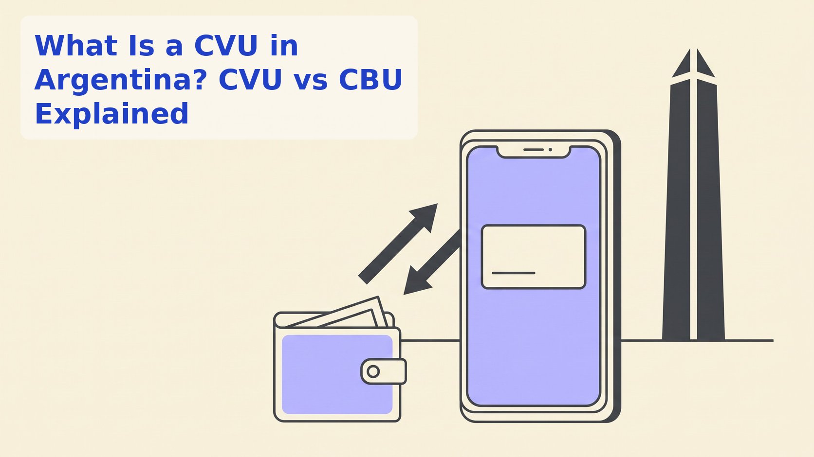 Line illustration of a phone and wallet linked by arrows with an obelisk monument behind