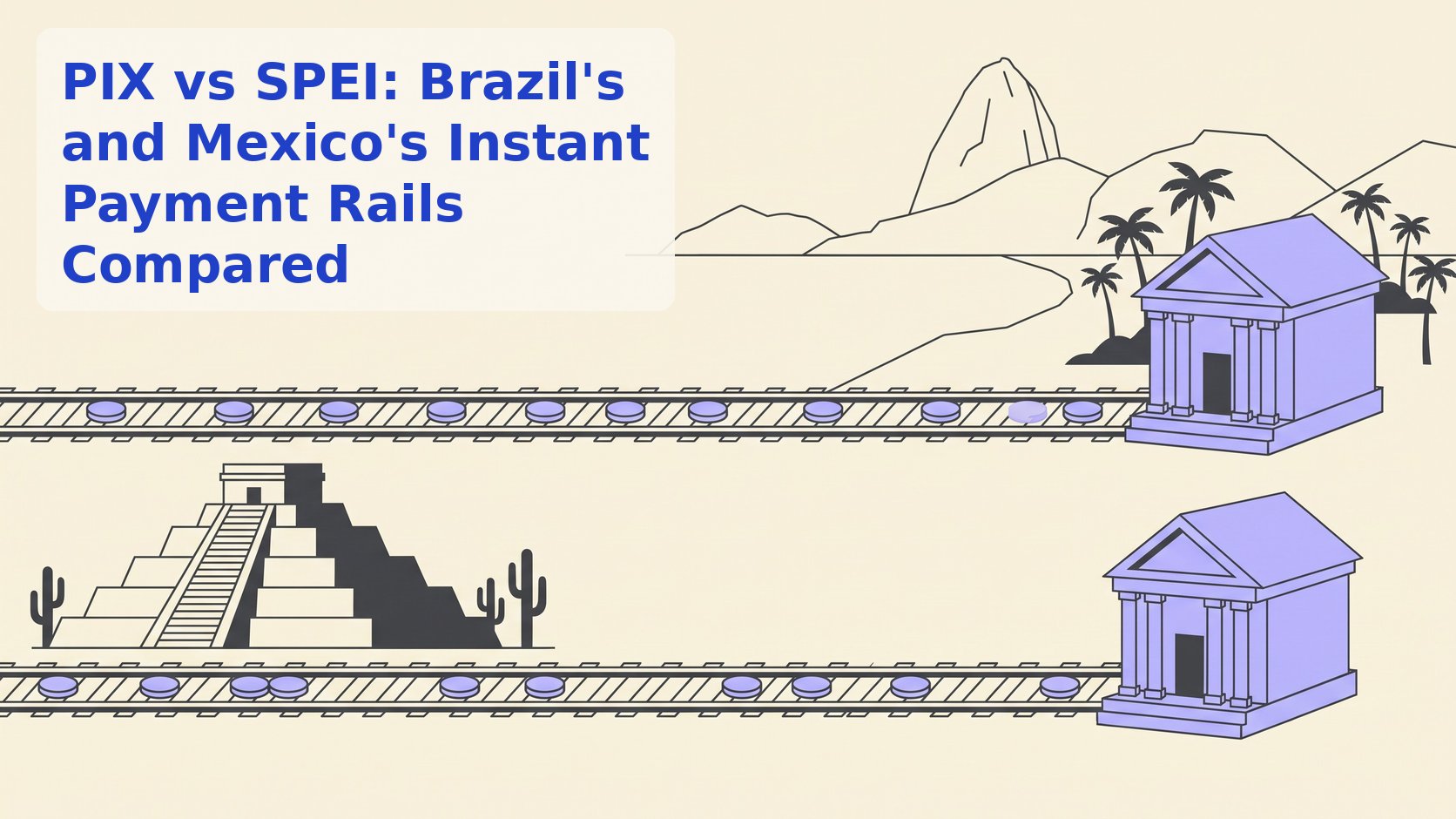 Line illustration of two parallel payment rails carrying coins to bank buildings in Brazil and Mexico