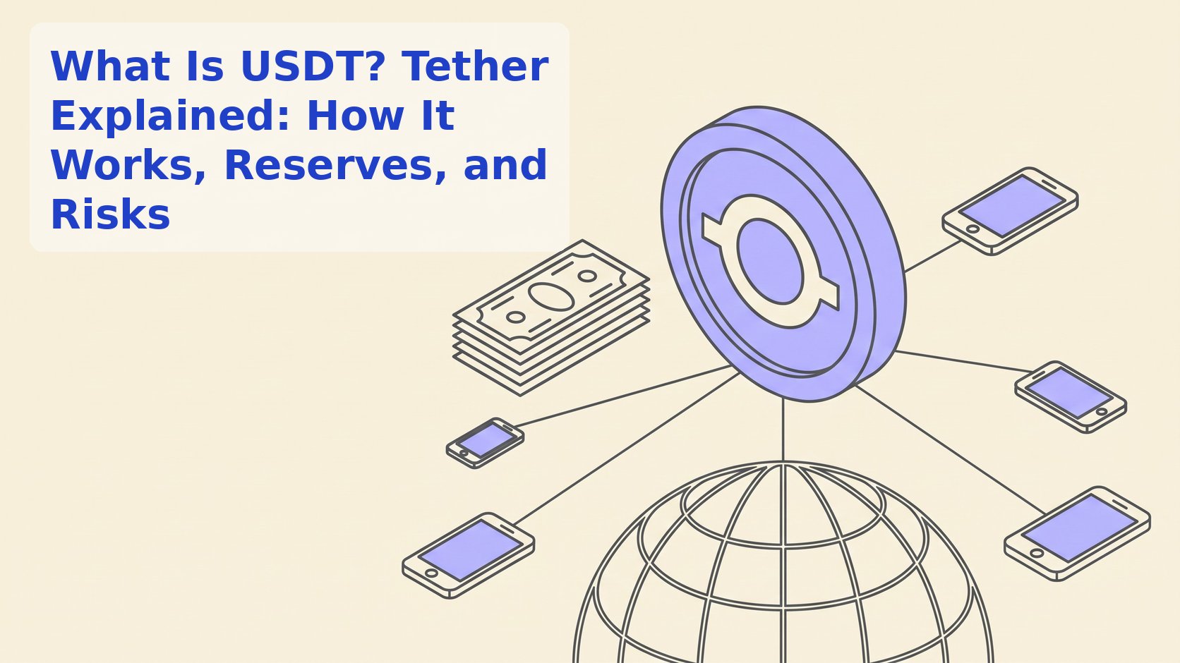 Line illustration of a large stablecoin token over a globe connected to phones, beside a stack of bank notes