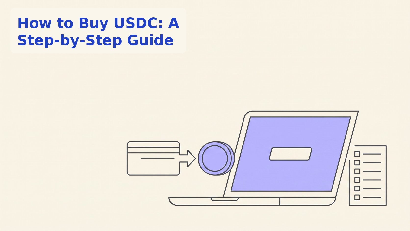 Line illustration of a bank card converting into a digital coin next to a laptop and a checklist