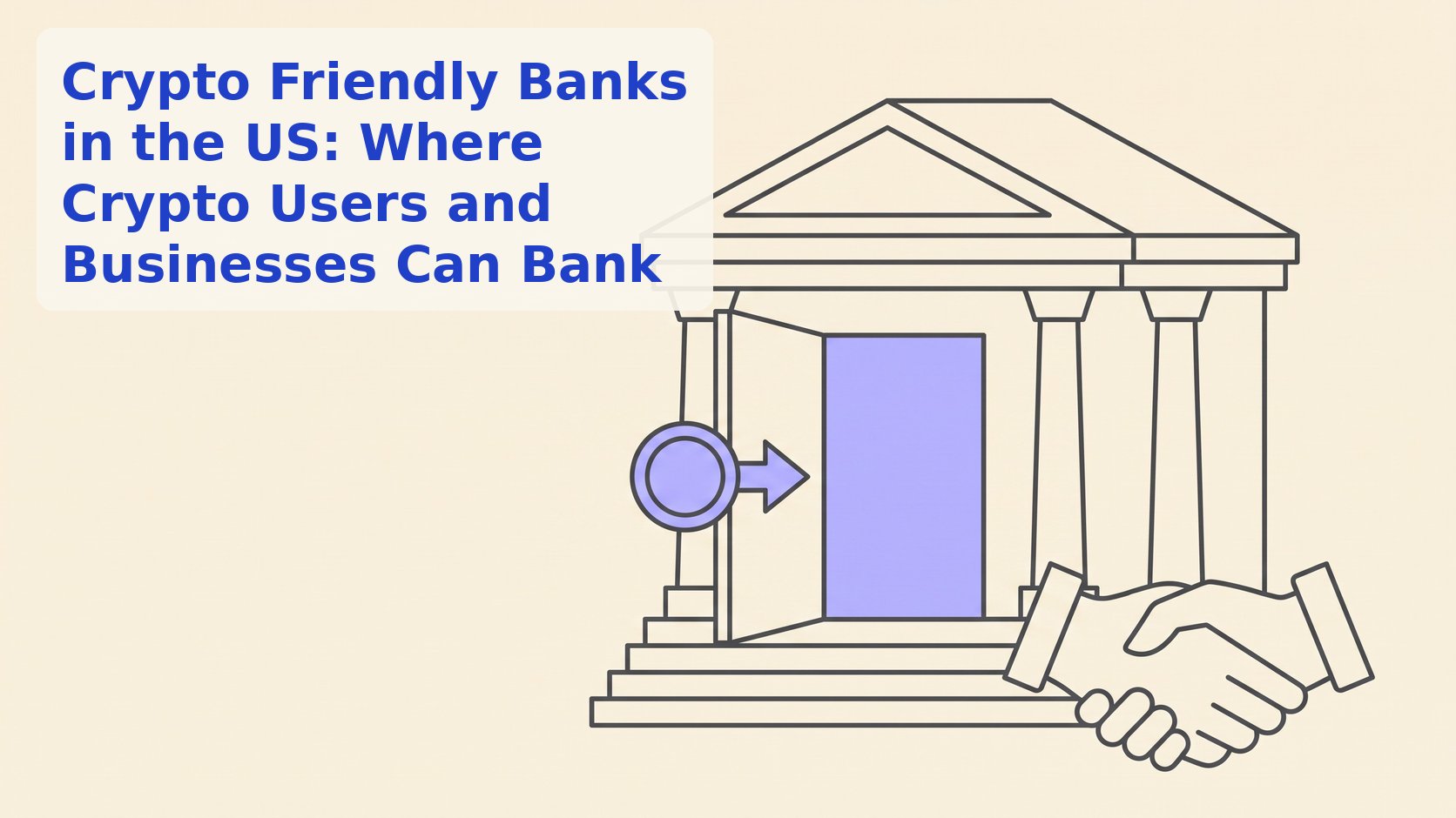 Line illustration of a bank with an open door, a coin moving inside and a handshake by the steps